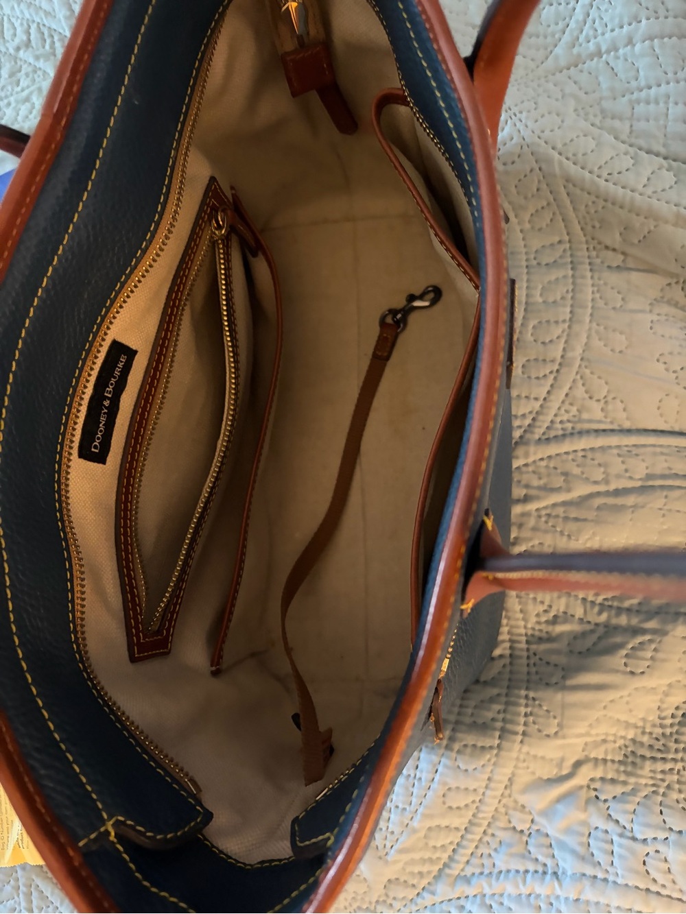 Dooney & Bourke denim blu Pebbled Leather Tote with Brown Trim and Gold Hardware - Picture 5 of 11